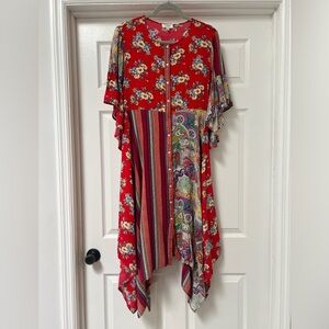 Umgee Womens Boho Patchwork Handkerchief Hem Midi Maxi Button Dress Size Large